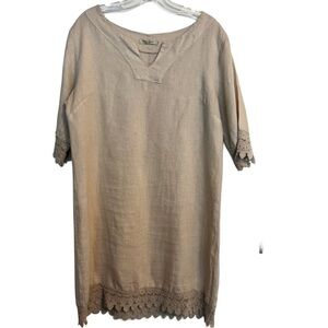Alessia Pacini Made in Italy 100% Linen Lace Shift Dress Taupe Medium